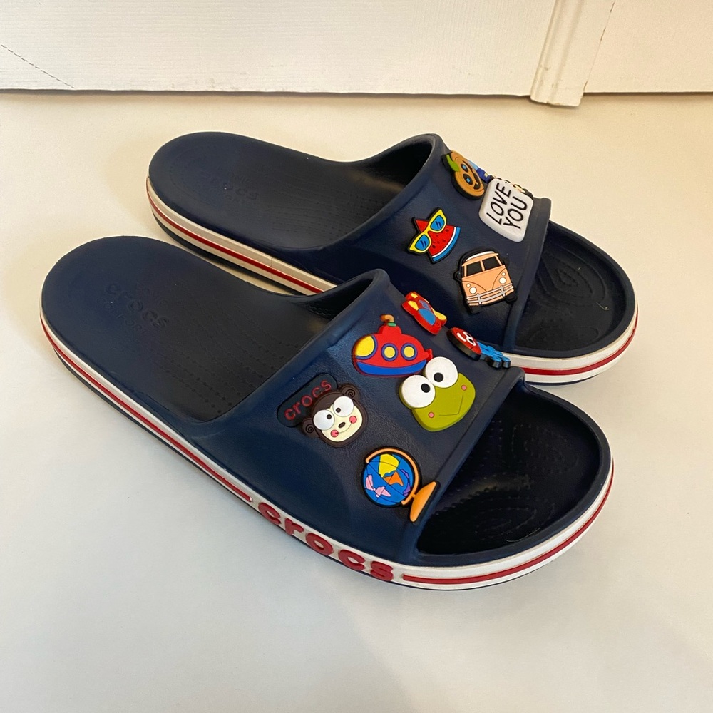 Original Crocs Slide Sandals Blue Red Band Jibbitz included Size 10 women 8 Men